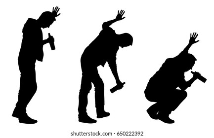 silhouettes of drunk men leaning on wall isolated