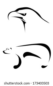 Silhouettes of an eagle and a bear on a white background