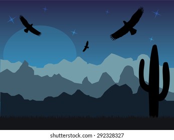 SIlhouettes of eagles and cactus on desert in night