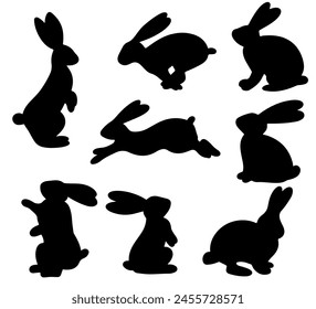 Silhouettes of Easter bunnies. Easter bunny rabbits in different poses. Vector illustration EPS10