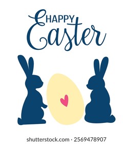 Silhouettes of easter bunnies and egg isolated on a white background. Set of rabbits and egg silhouettes for easter design.