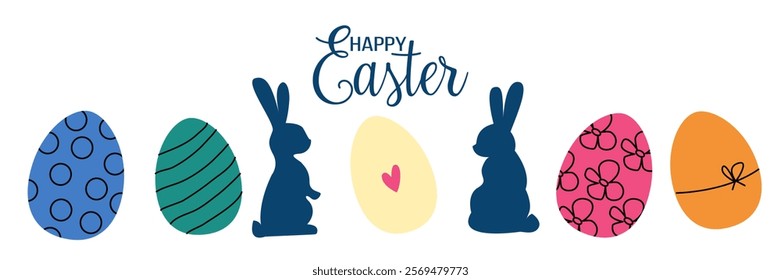 Silhouettes of easter bunnies and eggs isolated on a white background. Set of rabbits and eggs silhouettes for easter design.