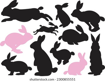 Silhouettes of easter bunnies are isolated on a white background. set of different acting rabbit silhouettes for design use.