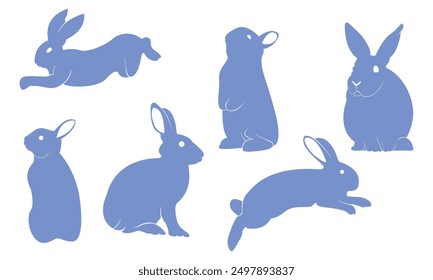 Silhouettes of easter bunnies isolated on a white background. Set of different rabbits silhouettes for design use.