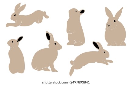 Silhouettes of easter bunnies isolated on a white background. Set of different rabbits silhouettes for design use.