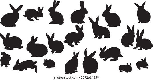 Silhouettes of easter bunnies isolated on a white background. 