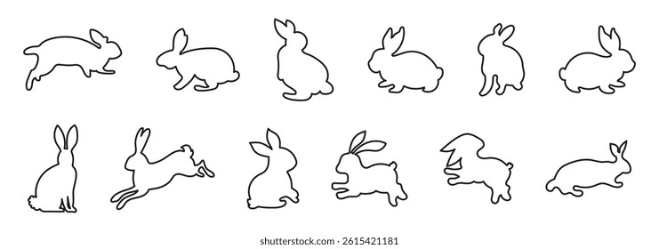 Silhouettes of easter bunnies isolated on a white background. Set of different rabbits silhouettes for design use.