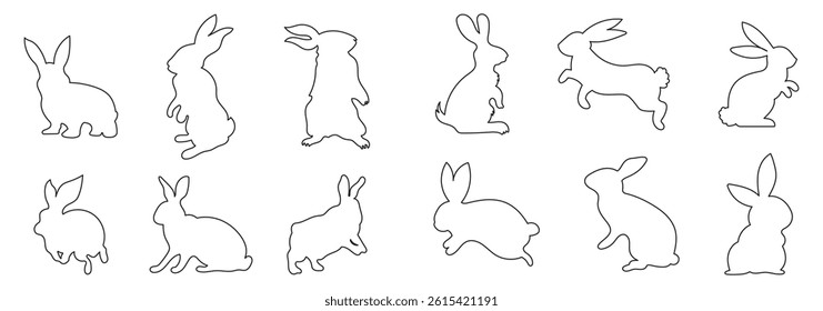 Silhouettes of easter bunnies isolated on a white background. Set of different rabbits silhouettes for design use.
