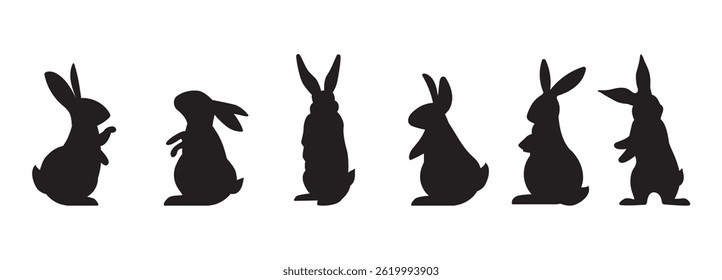 Silhouettes of easter bunnies isolated on a white background. Set of different rabbits silhouette for design element icon or logo.