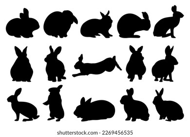 Silhouettes of easter bunnies isolated, Set of different action and pose rabbit, element designs
