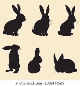 Silhouettes of easter bunnies isolated. Set of different rabbits silhouettes for design use.
