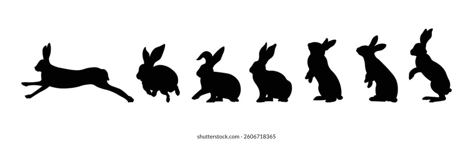 Silhouettes of Easter Bunnies. Set of Different Rabbit Silhouettes for Design Use, Spring and Holiday Decor, Bunny Clipart, Easter Illustration	