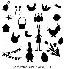 Silhouettes of easter elements: eggs, spring flowers, rabbits, chicken, basket. Set of silhouettes for happy easter. Decorations for holiday