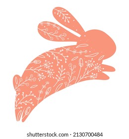 Silhouettes Easter rabbit with flowers. Illustration cute red hare in flat style. Vector