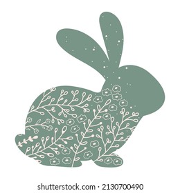 Silhouettes Easter rabbit with flowers. Illustration cute green hair in flat style. Vector