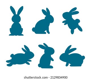 Silhouettes of easter rabbits isolated on a white background. Collection of bunnies flat cartoon.