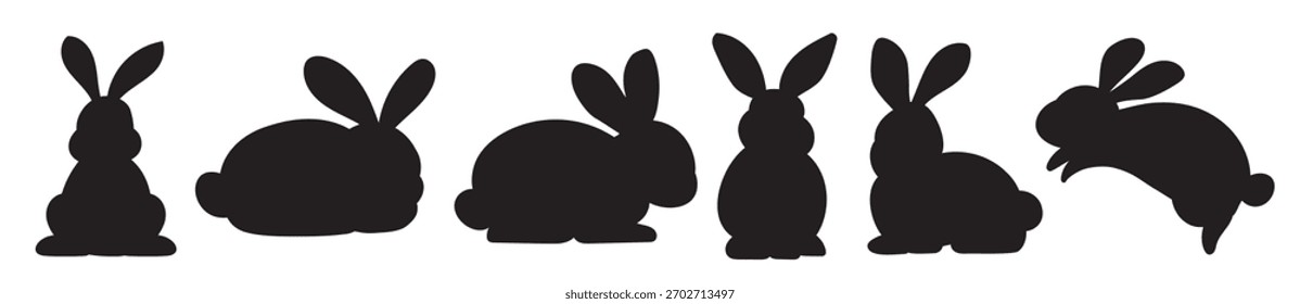 Siluetas de conejos de Pascua aislados sobre un fondo blanco. Colección de dibujos animados planos de conejitos.