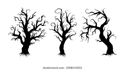 Silhouettes of eerie black trees for Halloween, including ghostly trees with sinister. Collection of hand drawn, barren tree silhouettes, perfect for Halloween card decorations.