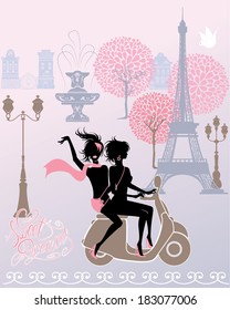  Silhouettes Of Effel Tower, Houses, Street Lights, Girls Riding On Scooter - Paris Fashion Image.