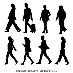 Silhouettes of eight professionals walking in motion. Diverse figures convey purpose and movement. No facial expressions visible, emphasizing professionalism. Ideal for business, travel