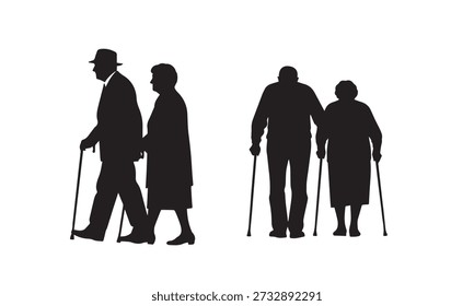 Silhouettes of elderly couples, one pair walking, another standing