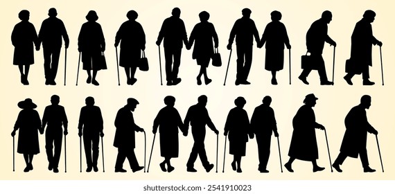 Silhouettes of elderly people walking with canes, portraying companionship and aging.