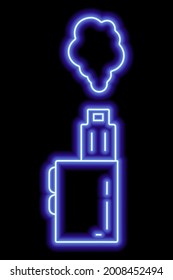 Silhouettes of electronic vape with steam on a black background. Blue neon icon. Vector illustration