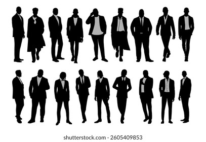 Silhouettes of elegant businessmen wearing suit, tuxedo, coat. Collection of different male characters. Flat monochrome vector illustrations isolated on white background