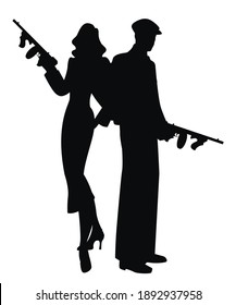 Silhouettes of elegant couple in retro style, armed with submachine gun, isolated on white background. Classic film noir style.