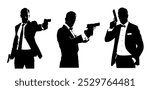 Silhouettes of elegant men in suits and with a bow tie with a gun in their hand on a white background. Bond themed illustration of a shooting man
