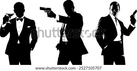 Silhouettes of elegant men in suits and with a bow tie with a gun in their hand on a white background. Bond themed illustration of a shooting man