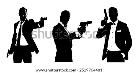 Silhouettes of elegant men in suits and with a bow tie with a gun in their hand on a white background. Bond themed illustration of a shooting man