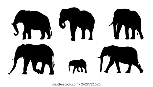 Silhouetten Elefanten Tier Set Vektor-Illustration. Isoliert auf weißem Hintergrund.