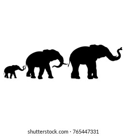 Silhouettes of elephants isolated on a white background. Bull, cow and calf. Vector illustration