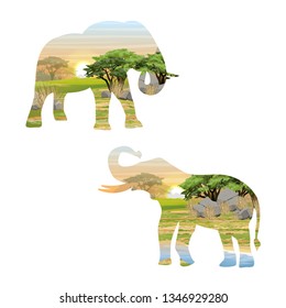 Silhouettes of elephants with landscapes of Africa. African bush. Nature and animals. Realistic Vector