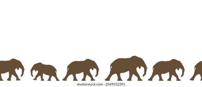 Silhouettes of elephants on a white background. The elephants below are drawn one after another