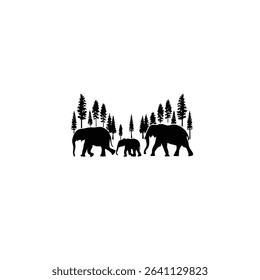 Silhouettes of elephants walking through a forest on white background