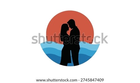 Silhouettes embracing at sunset over tranquil waters illustration