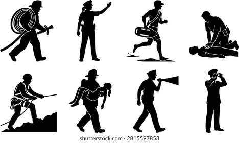 Silhouettes of emergency service professionals performing rescue and safety operations including firefighting, policing, lifeguarding, CPR, and search missions