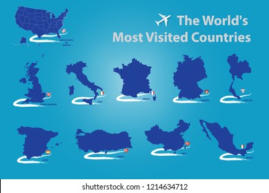 Silhouettes of empty maps of the 10 most visited countries in the world with their heart shaped flags and sign.