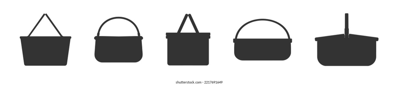 Silhouettes of empty wicker picnic baskets. Set of different hand woven willow baskets and hampers isolated on white background. Vector graphic illustration