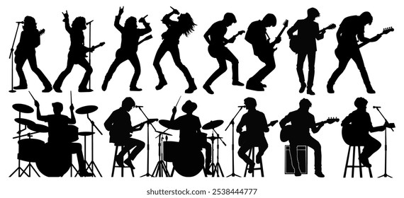 Silhouettes of energetic musicians playing guitar, drums, and singing in a rock band.