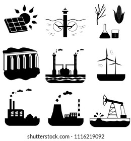 Silhouettes of energy sources icons set. Black and white vector illustration. Hydroelectric, solar, tidal and other power generation