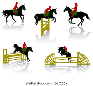 Silhouettes of equestrians on horses during competitions