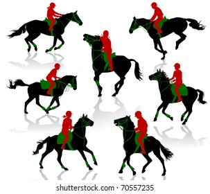 Silhouettes of equestrians on horses during competitions