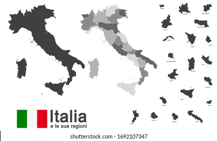 silhouettes of european country Italy and the regions