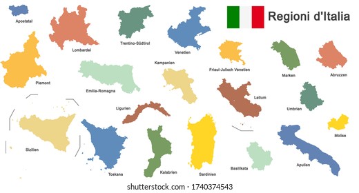 silhouettes of european country Italy and the regions
