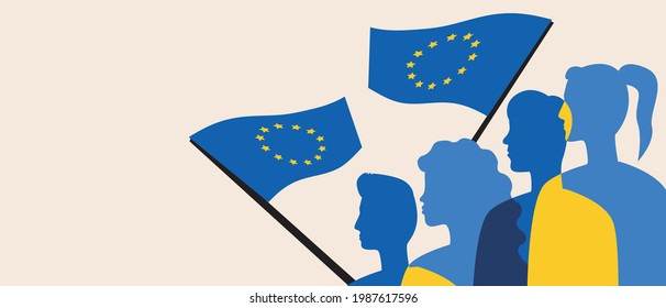 Silhouettes of Europeans, copy space template. Color vector stock illustration. People with the flag of the european union. Citizens are patriots, template. Illustration with place for text