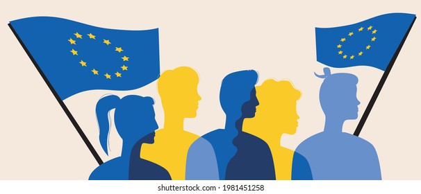 Silhouettes of Europeans with the flag of the European Union. Color vector stock illustration. People are EU citizens. The crowd is waving the flag. Concert of Europe. Silhouette illustration