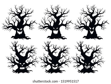 Silhouettes of evil monster dead, old trees, on white background. EPS 8.

